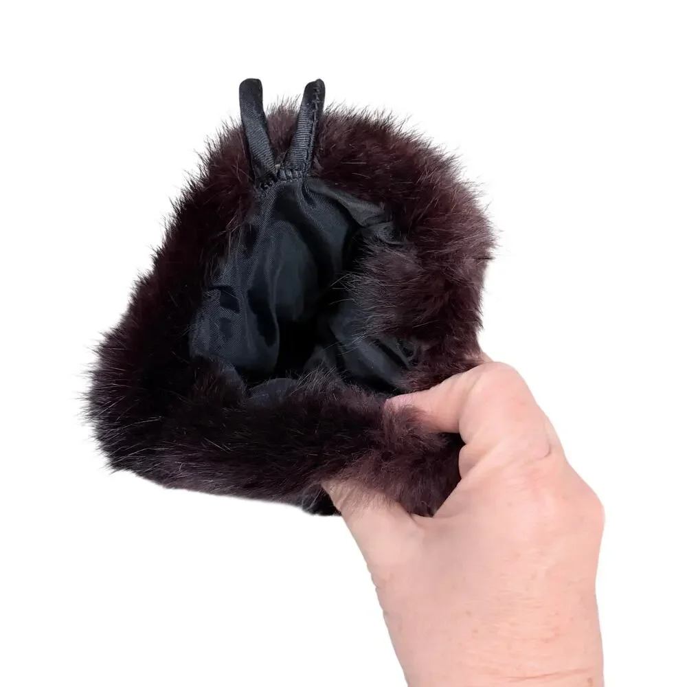 Vintage Real Fur Muff Hand Warmer brown Cherry Burgundy Satin Strap old money
